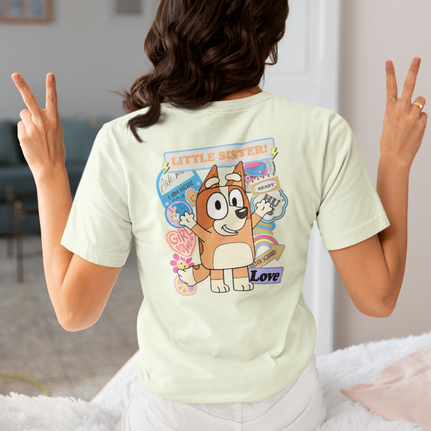 Bingo Little Sister T-Shirt - Funny Birthday Gift for Sisters | Adult Short Sleeve Tee Inspired by Bluey