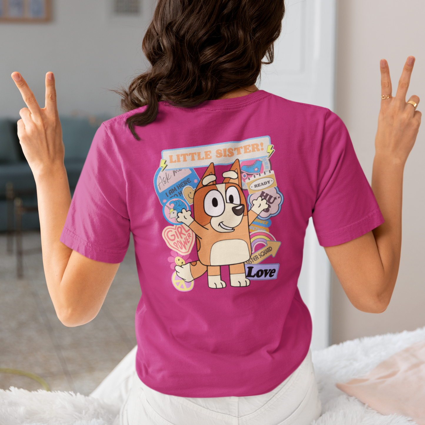 Bingo Little Sister T-Shirt - Funny Birthday Gift for Sisters | Adult Short Sleeve Tee Inspired by Bluey