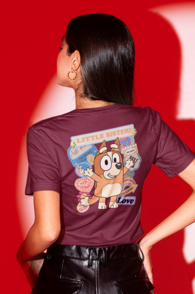 Bingo Little Sister T-Shirt - Funny Birthday Gift for Sisters | Adult Short Sleeve Tee Inspired by Bluey