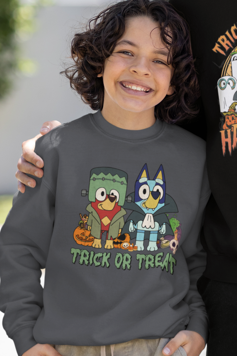 Bluey Halloween Crewneck Sweatshirt For Kids | Frankenstein and Dracula Costume | Bluey Sweatshirt | Gift For Youth | Character Sweater