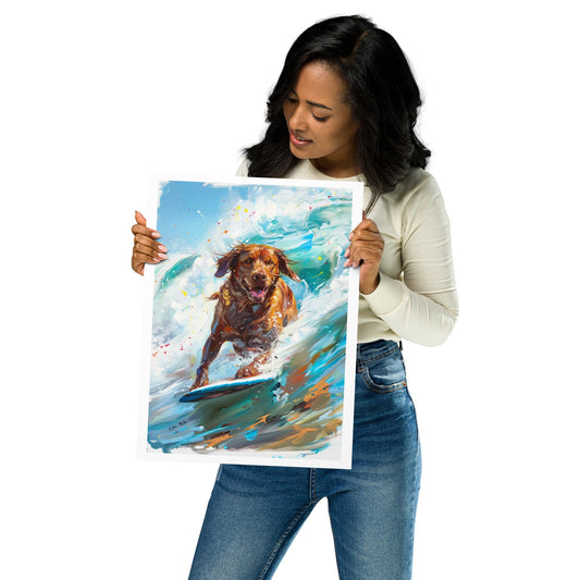 Surfing Pup Adventure Whimsical Oil Painting Poster